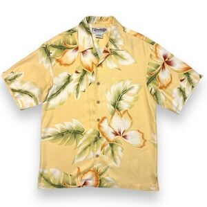 HONOLULU LULU Yellow Floral Print Short Sleeve Hawaiian Shirt 100% silk